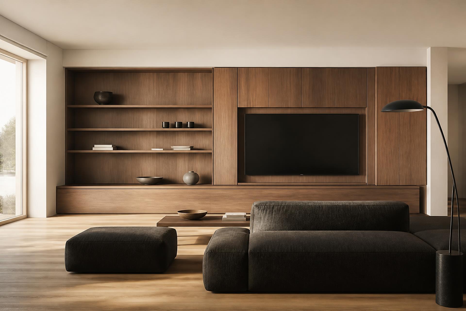 Modern living room with custom walnut furniture